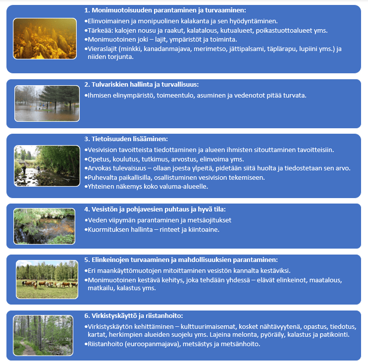 Kuviossa allekkain vesivision yhteiset päätavoitteet, joita on kuusi. Ensimmäisessä tavoitteessa monimuotoisuuden parantamisessa ja turvaamisessa nähdään tärkeiksi kalakantojen elinvoimaisuus, monimuotoinen elinympäristö ja vieraslajien torjunta. Tulvariskien hallinnassa tärkeäksi nähdään ihmisten elinympäristön, toimeentulon, asumisen ja vedenoton turvaaminen. Vesivision tavoitteista ja luontoarvoista tiedottamista sekä paikallisten sitouttamista yhteisiin tavoitteisiin pidetään tärkeänä. Neljäs tavoite keskittyy vesistön ja pohjaveden hyvä tilan saavuttamiseen, johon pyritään veden viipymän parantamisella, metsäojituksilla ja kuormituksen hallinnalla. Elinkeinojen turvaaminen ja mahdollisuuksien parantaminen, kuten maankäyttömuotojen mitoittaminen vesistön kannalta kestäväksi ja yhdessä toteutettu monimuotoinen kestävä kehitys nähdään tärkeinä toimenpiteinä Vesivision tavoitteissa. Virkistyskäyttö ja riistanhoito nähdään kuudentena tavoitteena. Virkistyskäytön kehittäminen kohdistuu kulttuurimaisemiin, koskiin, nähtävyyksinä, opastukseen, tiedotukseen, karttoihin ja suojeluun. Lajeina melontaa, pyöräilyä, kalastusta ja patikointia kehitetään. Riistanhoidossa keskitytään euroopanmajaviin, metsästykseen ja metsänhoitoon.